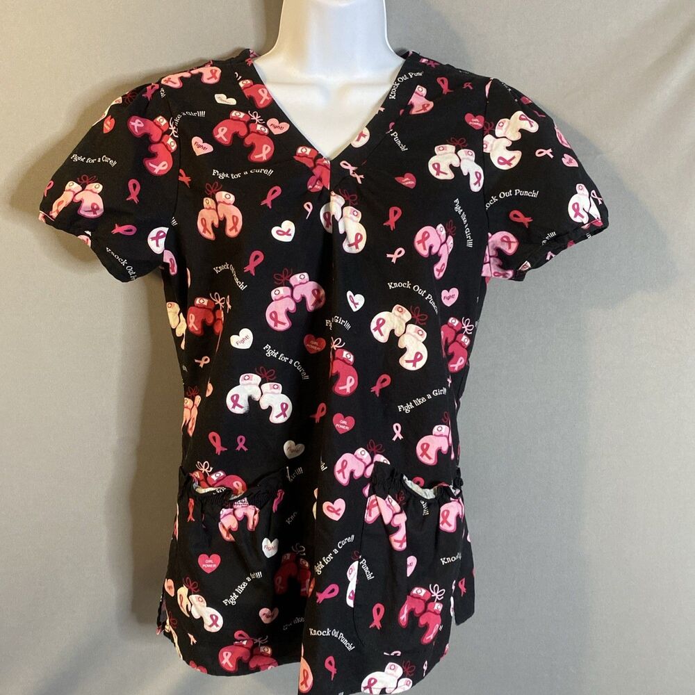 Womens Small Scrub Top Black Pink Breast Cancer Awareness FIGHT LIKE A GIRL